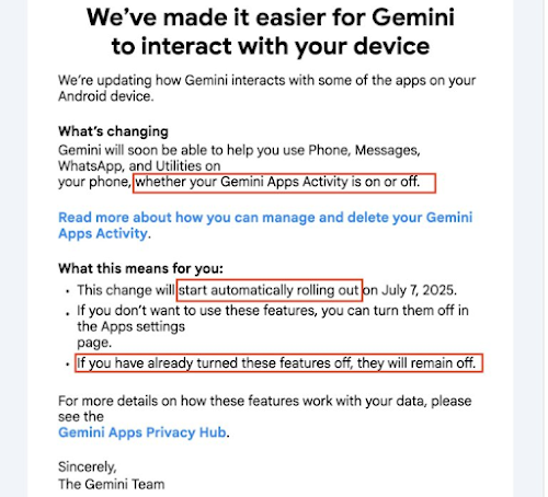 Imagem 1 - Comunicado da Google sobre ativação automática do Gemini