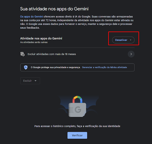 Imagem 2 - Configurações do Gemini na conta Google
