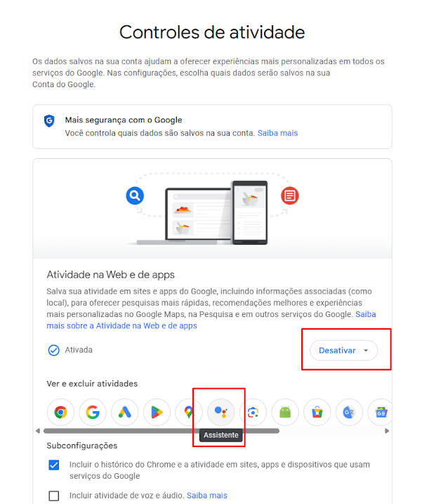 Imagem 3 - Configurações de privacidade e controles de atividade